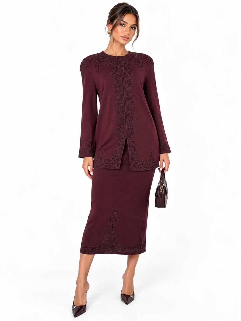 VINTAGE CARMEN MARC VALVO 100% Wool Women's Burgundy Embroidered Skirt Suit